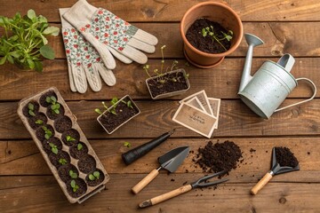 Flatlay of gardening tools, gloves, seed packets, and plant markers on a rustic wooden surface. Small sprouts and soil adding texture.