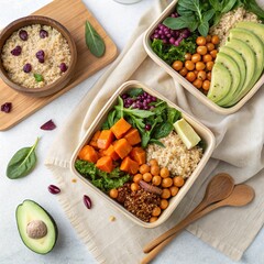 Flatlay of colorful plant-based meal prep: quinoa, chickpeas, leafy greens, avocado, and roasted vegetables in eco containers. Top-down with linen cloth and wood textures.