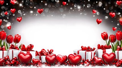 Obraz premium Romantic Valentine's Day Gift Background with Red Tulips and Hearts