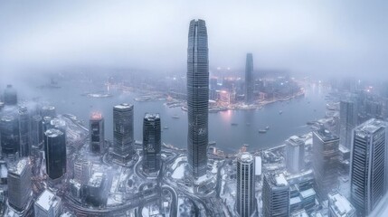 Fototapeta premium Snowy Cityscape: Aerial View of Urban Winter