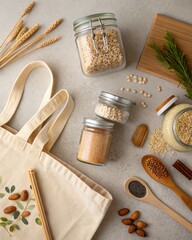 Flatlay of eco-friendly essentials: reusable cotton tote bag, glass jars with grains and nuts, wooden utensils, bamboo toothbrush, and beeswax wraps. Neutral background.