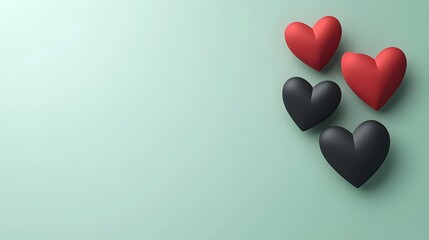 Abstract Red and Black Hearts on Mint Background Romantic Minimalist Design