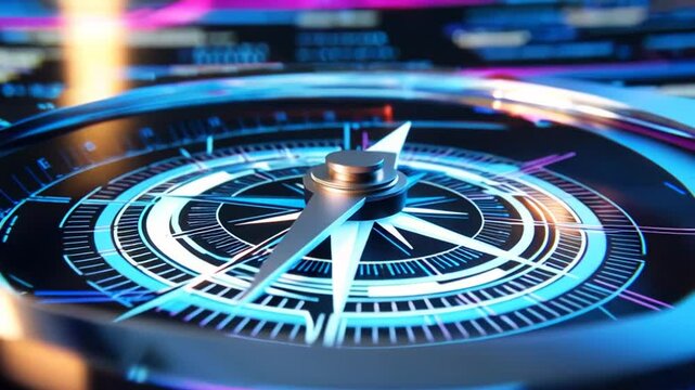 Futuristic digital compass with glowing blue elements, representing navigation, guidance, and strategic direction in a technological, data-driven environment. Perfect for tech and business concepts.