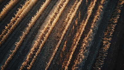 Dried corn stalks in the field from an aerial drone perspective, corn ready for harvest.