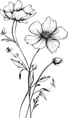 Bold black wildflower tattoo design with simple line details Minimalist wildflower tattoo element vector icon in black lines