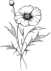 Artistic wildflower tattoo vector icon with delicate line art petals Sophisticated black wildflower tattoo design with smooth outlines