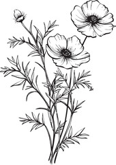 Modern black wildflower tattoo design with fine line details Bold black line art wildflower tattoo vector icon with organic shapes