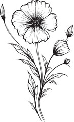Modern wildflower tattoo design element with crisp black lines Artistic wildflower tattoo vector icon with delicate line art petals