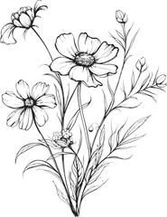Black wildflower tattoo vector design element with graceful curves Elegant black wildflower tattoo element in delicate line art
