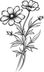 Modern wildflower tattoo design element with refined black lines Graceful black wildflower tattoo vector icon with fine line art