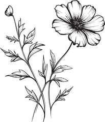 Sophisticated black wildflower tattoo vector icon with clean outlines Beautiful line art wildflower tattoo element with delicate details