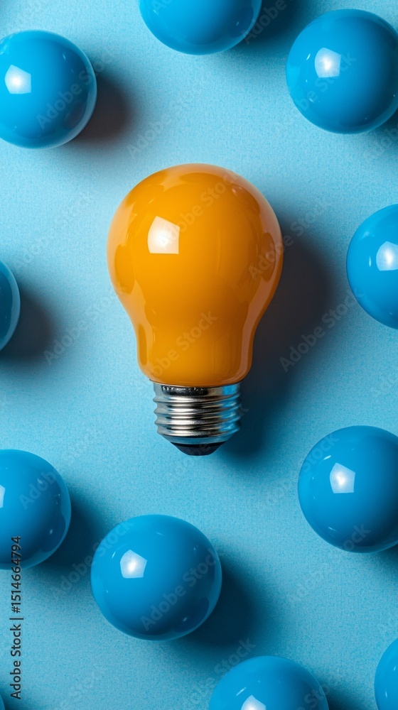 Poster an outstanding orange light bulb stands out against a backdrop of vibrant blue spheres, creating a s