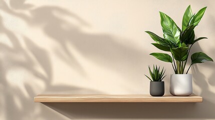 Wooden Shelf with Potted Plants and Leaf Shadows on Beige Wall