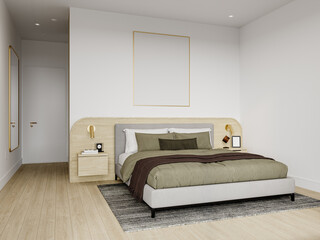 Angled side view of modern bedroom featuring light wood bed, olive bedding, and vertical gold frame on white wall

