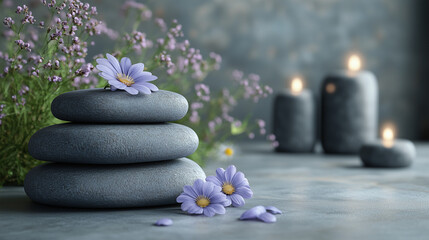 Photograph of gray, balanced stones stacked on each other, with purple flowers and candles in the background, a spa concept