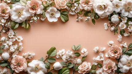 floral frame background with white and pink flowers, leaves on a peach-colored background