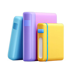 Three stylized books, various colors, stacked