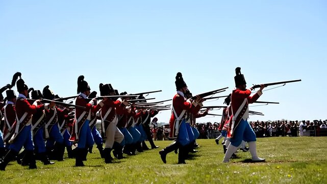 A line of historical soldiers in red coats and muskets perform a military reenactment on a sunny field. Captures battle history and period warfare in formation.