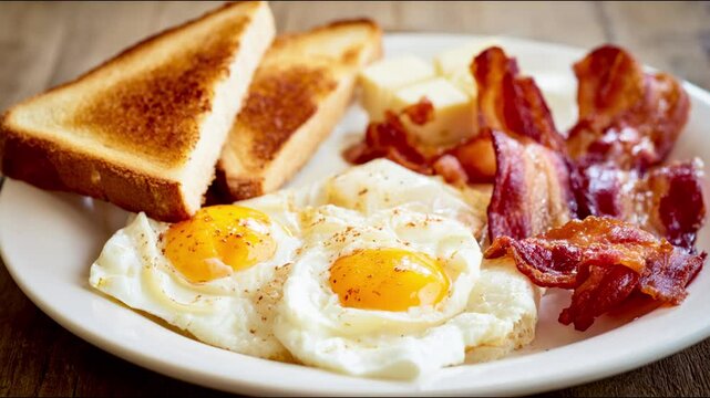 Delicious and satisfying breakfast plate with golden toast, crispy bacon and sunny-side-up eggs.