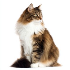 Obraz premium Alert Norwegian Forest Cat Sitting Gracefully Against White Background