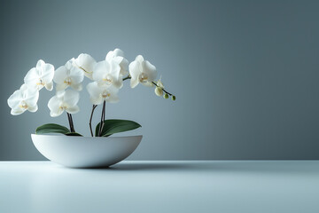 Minimalist plain blue background for product photography with just one white orchid in an elegant bowl 