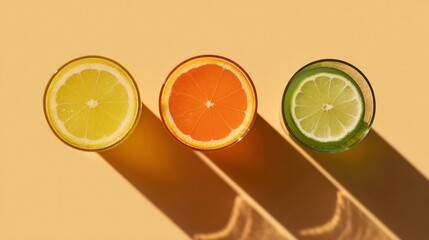 Flat lay of three glasses of citrus juice in gradient shades, pastel yellow background, strong shadows