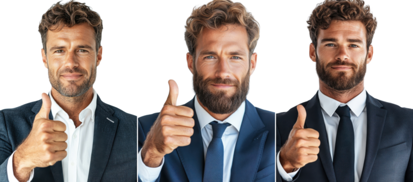 Portrait of a man in a business suit showing a thumbs up, isolate on white background. Set Collection Png.