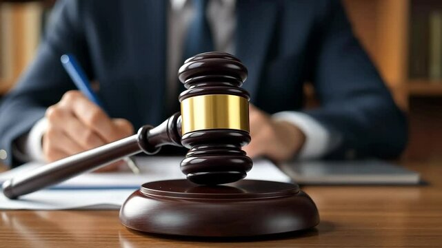 Male lawyer working. Judge or solicitor writes notes in notebook. Judge's wooden hammer on wooden table in lawyer office or courtroom against background of man signing documents - Powered by Adobe