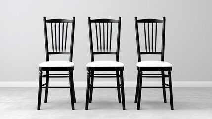 Three sleek black ladder-back chairs with white cushions stand neatly against a minimalist light grey wall in a modern interior design setting showcasing simple elegance and clean