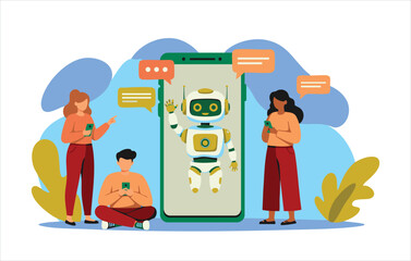Flat Illustration AI Chatbot and Woman Communicating, Modern Customer Service Concept, Future Technology, Digital Assistance, Virtual Support