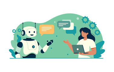 Flat Illustration AI Chatbot and Woman Communicating, Modern Customer Service Concept, Future Technology, Digital Assistance, Virtual Support