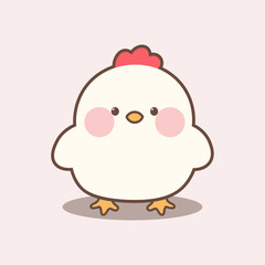 Adorable kawaii cartoon chicken or chick character. Simple, chubby white bird with red comb, pink blush, and cute expression. Perfect for kids, nursery, or farm themes. Isolated graphic.