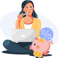 woman thinking about finance investment vector illustration