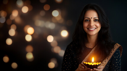 Photo of a Diwali lamp with a burning candle on a dark background, blurred lights and bokeh effect, space for text or message, glowing light effects, festive celebration concept.