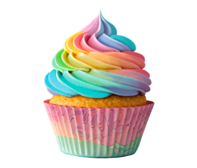 Colorful cute cupcake with rainbow swirl frosting on transparent background, for bakery branding, invitations, stickers, packaging, food-themed design projects