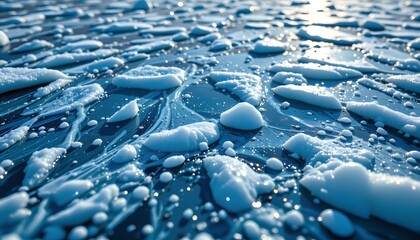 Obraz premium a vast expanse of flawless, blue transparent ice shimmers under an unseen light , riddled with trapped, glowing white bubbles, captured in a dramatic dutch angle from a top down perspective