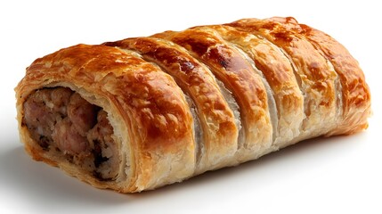 A sausage roll with flaky pastry, isolated, no text or logo