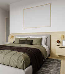 Close-up right view of upholstered bed in minimalist bedroom with abstract framed artwork above wooden headboard