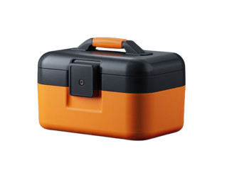 Orange and black storage box with handle and latch
