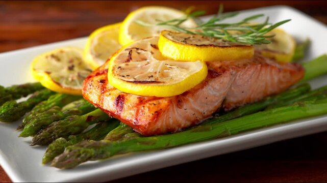 A delicious salmon dish with lemon and asparagus, served on a rectangular plate.