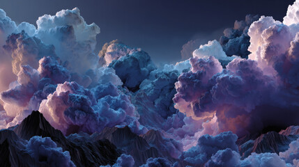 Majestic cloud formations over mountain peaks nature scene digital art ethereal atmosphere aerial perspective surreal beauty
