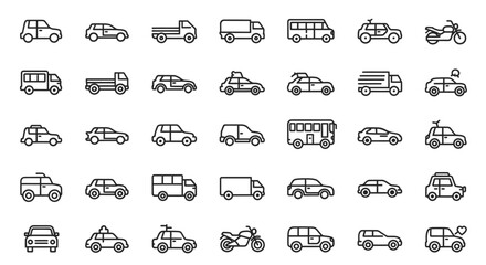 Collection of Vehicle Icons Cars, Trucks, Buses, and Motorcycles