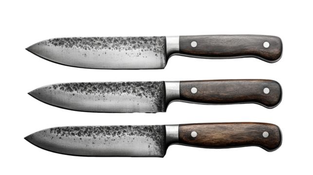 Three kitchen knives with wooden handles aligned horizontally on transparent background