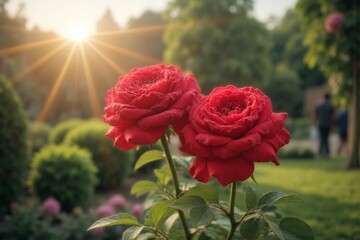 couple of red roses sitting on top of a bush © He