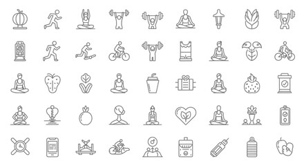 Fitness and Wellness Line Icons Yoga, Exercise, and Healthy Lifestyle Illustrations
