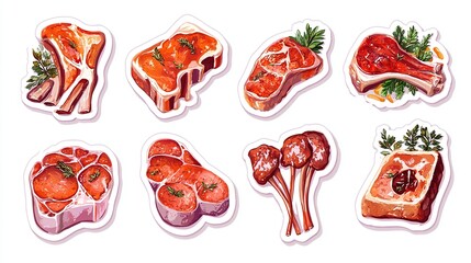 Nine sticker-like images of various cuts of cooked meat, including ribs, steaks, and chops, presented in a 
