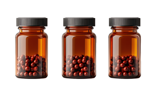Three amber bottles filled with red pills against a solid backdrop on transparent background