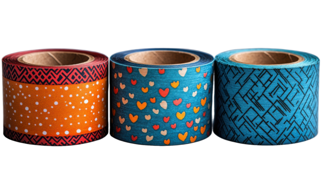 Three rolls of patterned tape sitting next to each other closely on transparent background