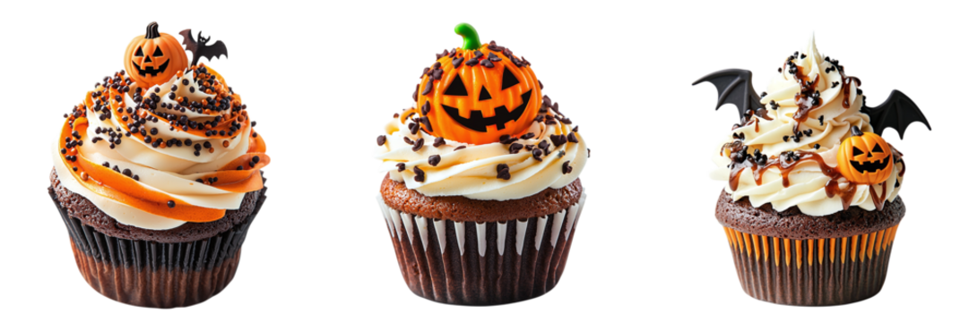 Set of delicious cute cupcakes decorated with edible Halloween pumpkins isolated on transparent background PNG - Powered by Adobe