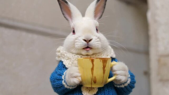 A rabbit wearing a blue knit sweater drinks a coffee beverage.